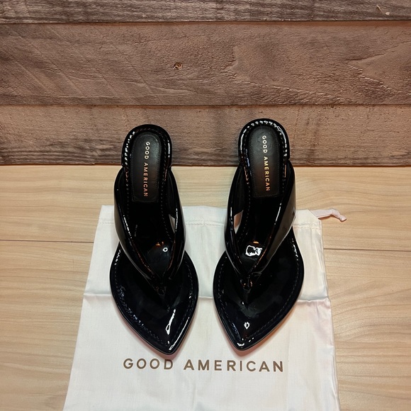 GOOD AMERICAN CINDER F*UCKING RELLA CLEAR WEDGE SANDAL BLACK PATENT LEATHER NWOB - Picture 9 of 15